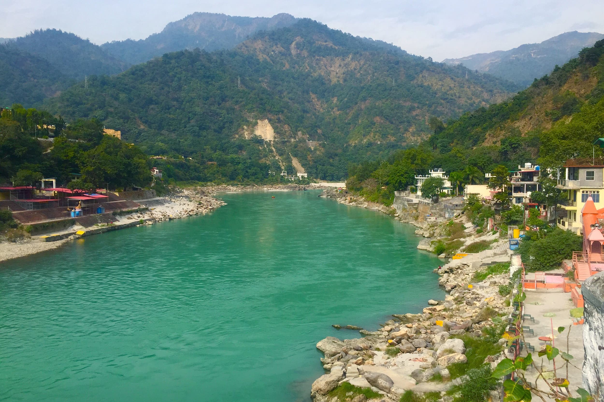 Suspension bridge across river in Rishikesh